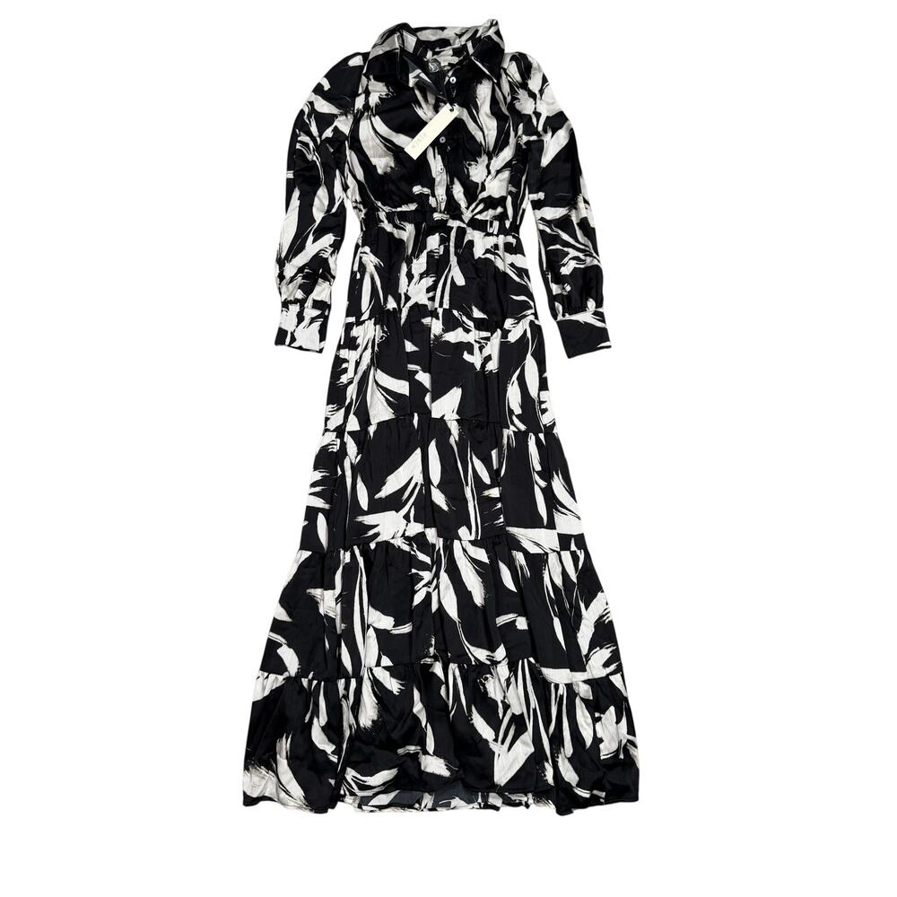 Pinch Button Down Maxi Dress S Black White Floral Long Sleeve Tiered Collared